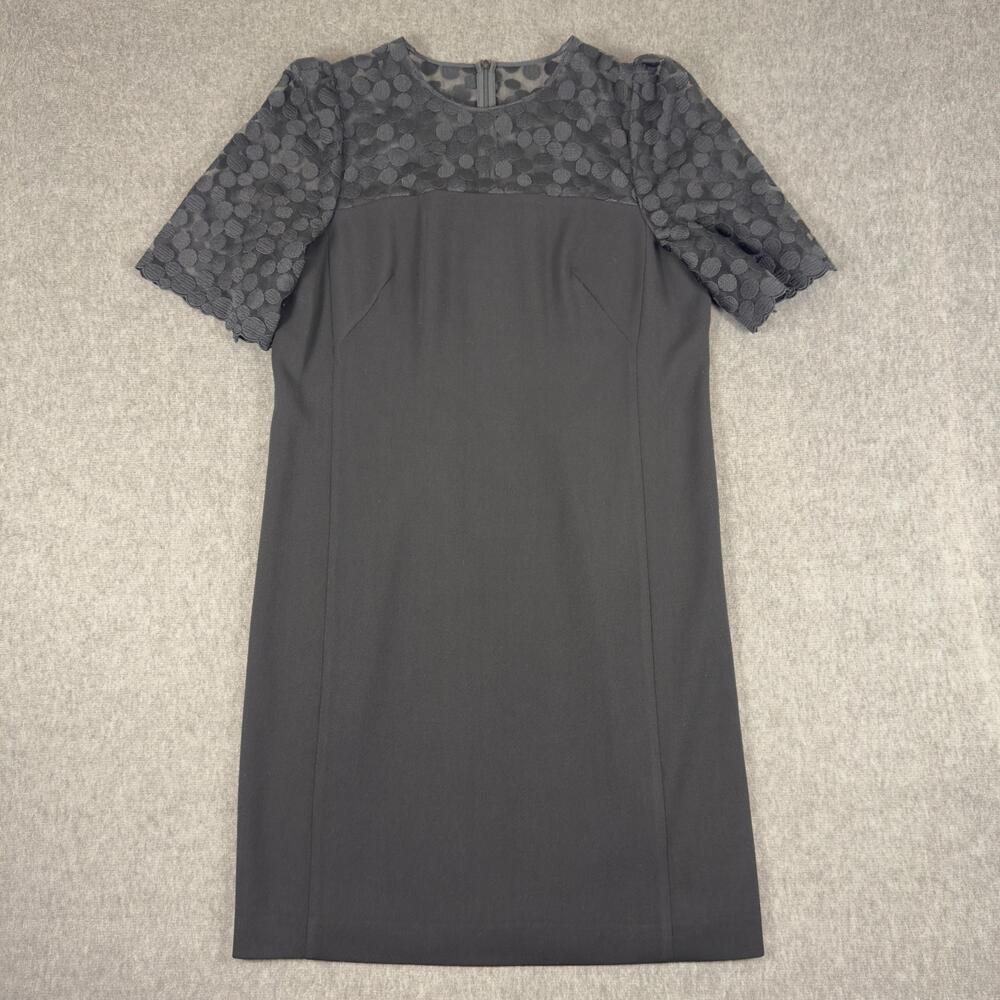 Akris Punto Dress Womens 12 Gray Wool Polka Dot Short Sleeve Sheath Knee Length